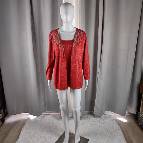 Ruby Rd Women's Red Sweater Gold Sparkle One Piece Pullover Cardigan Size Large - Picture 1 of 12